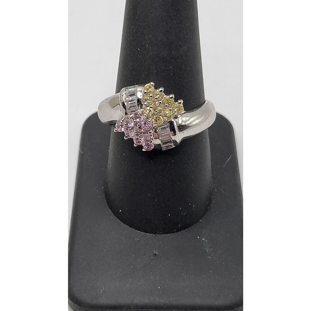 Marked 925 Pink Yellow Rhinestone Ring Silver Tone Magnetic Sz 10.25